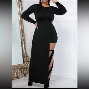 BLACK LONG SLEEVE ASYMMETRICAL HEM TOP & SHORT SET